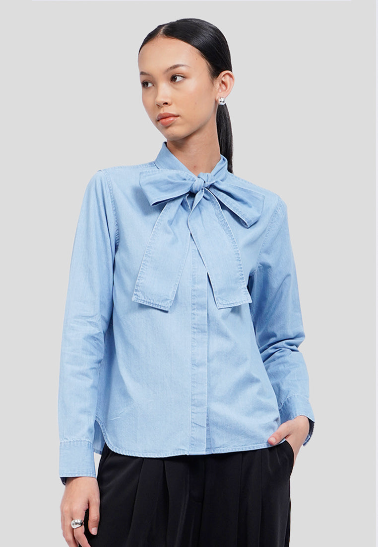 Tie Neck Long Sleeve Denim Blouse