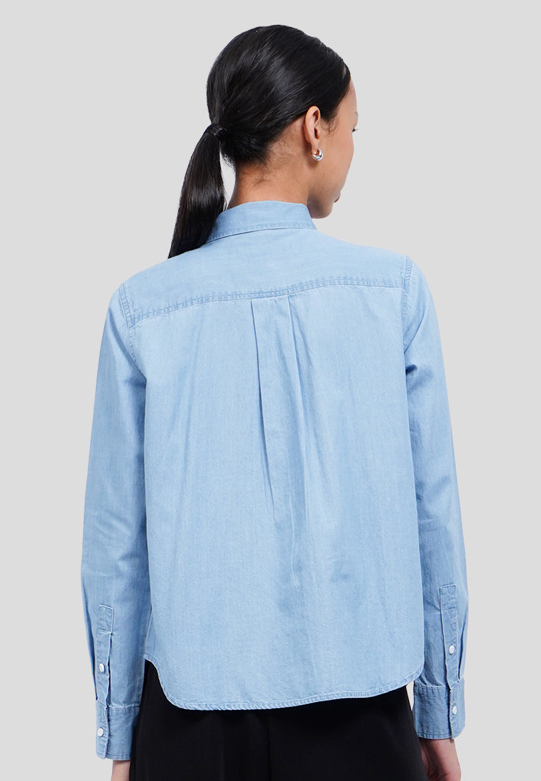 Tie Neck Long Sleeve Denim Blouse