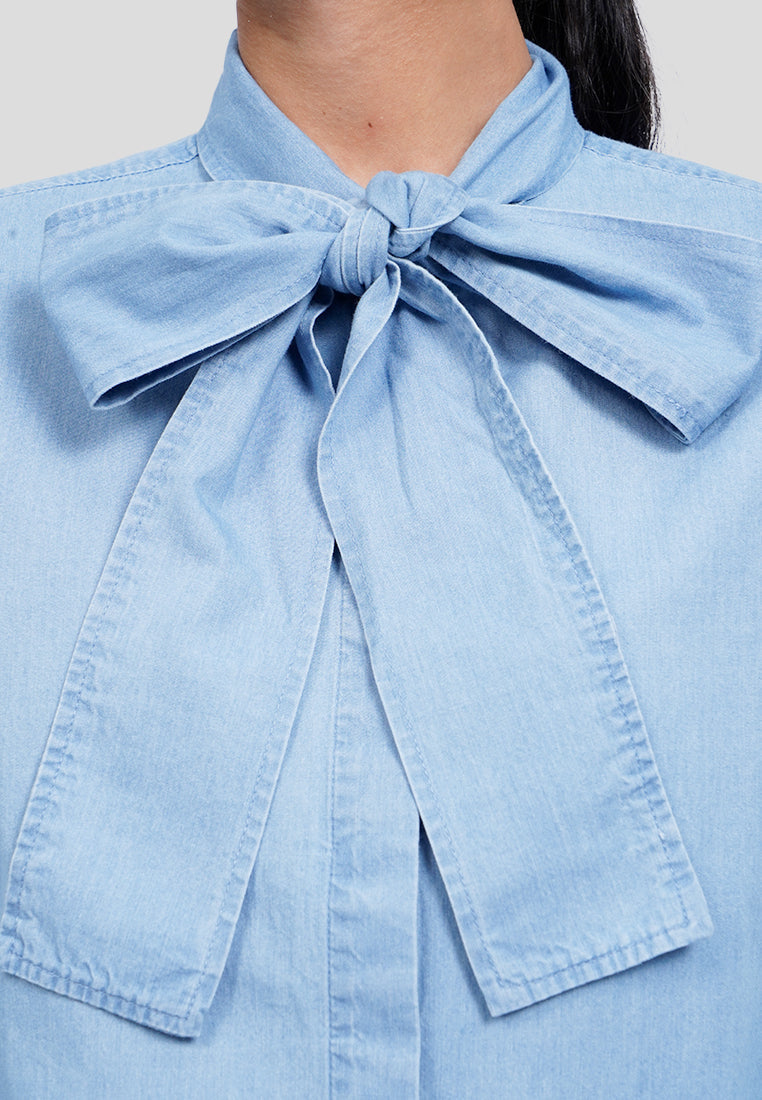 Tie Neck Long Sleeve Denim Blouse