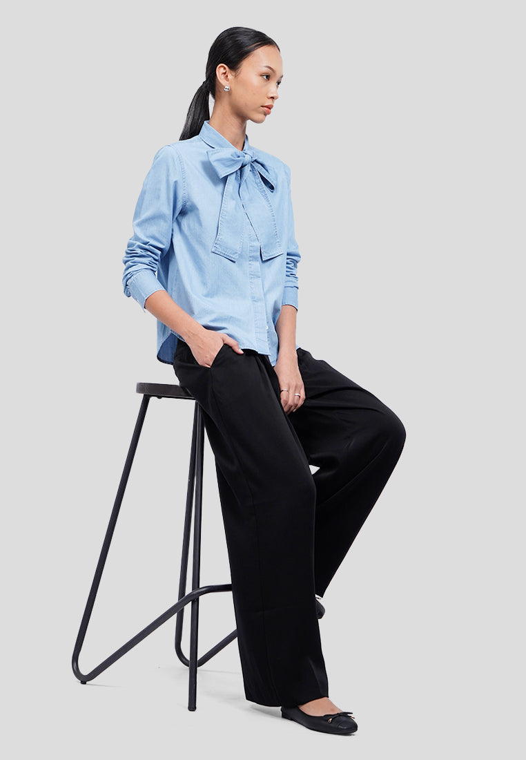 Tie Neck Long Sleeve Denim Blouse