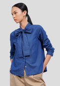 Tie Neck Long Sleeve Denim Blouse