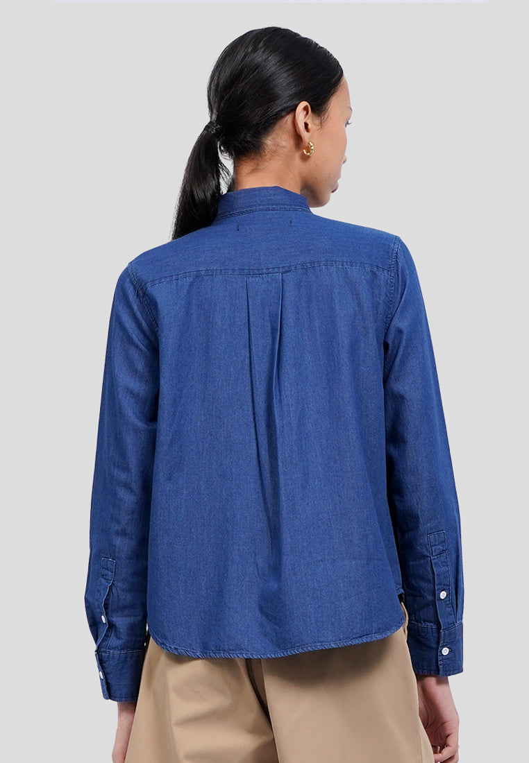 Tie Neck Long Sleeve Denim Blouse