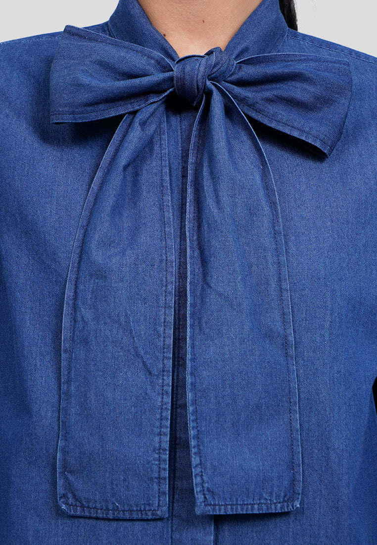 Tie Neck Long Sleeve Denim Blouse
