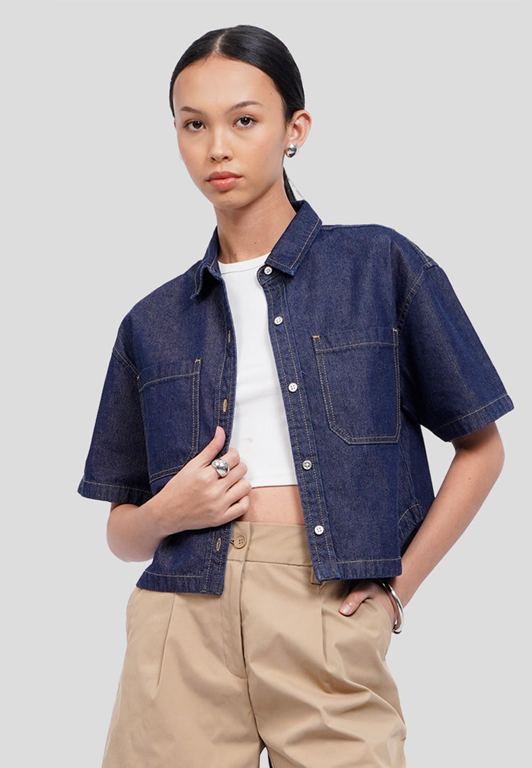 Double Pocket Cropped Denim Shirt