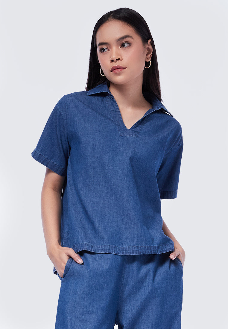 Boxy V-Neck Denim Blouse