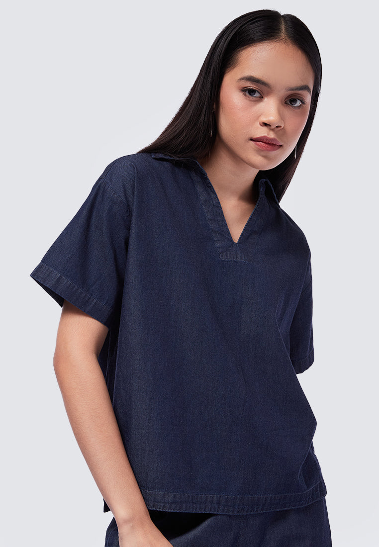 Boxy V-Neck Denim Blouse