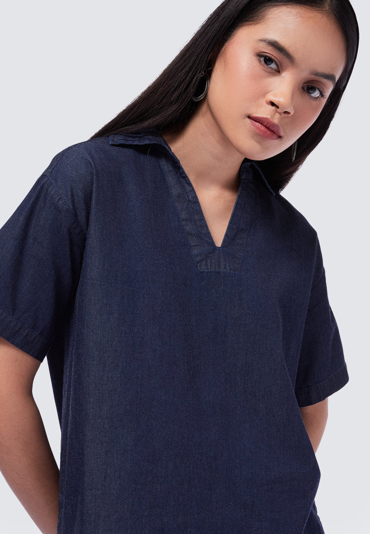 Boxy V-Neck Denim Blouse