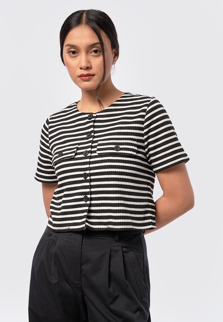 Printed Button Up Top Black