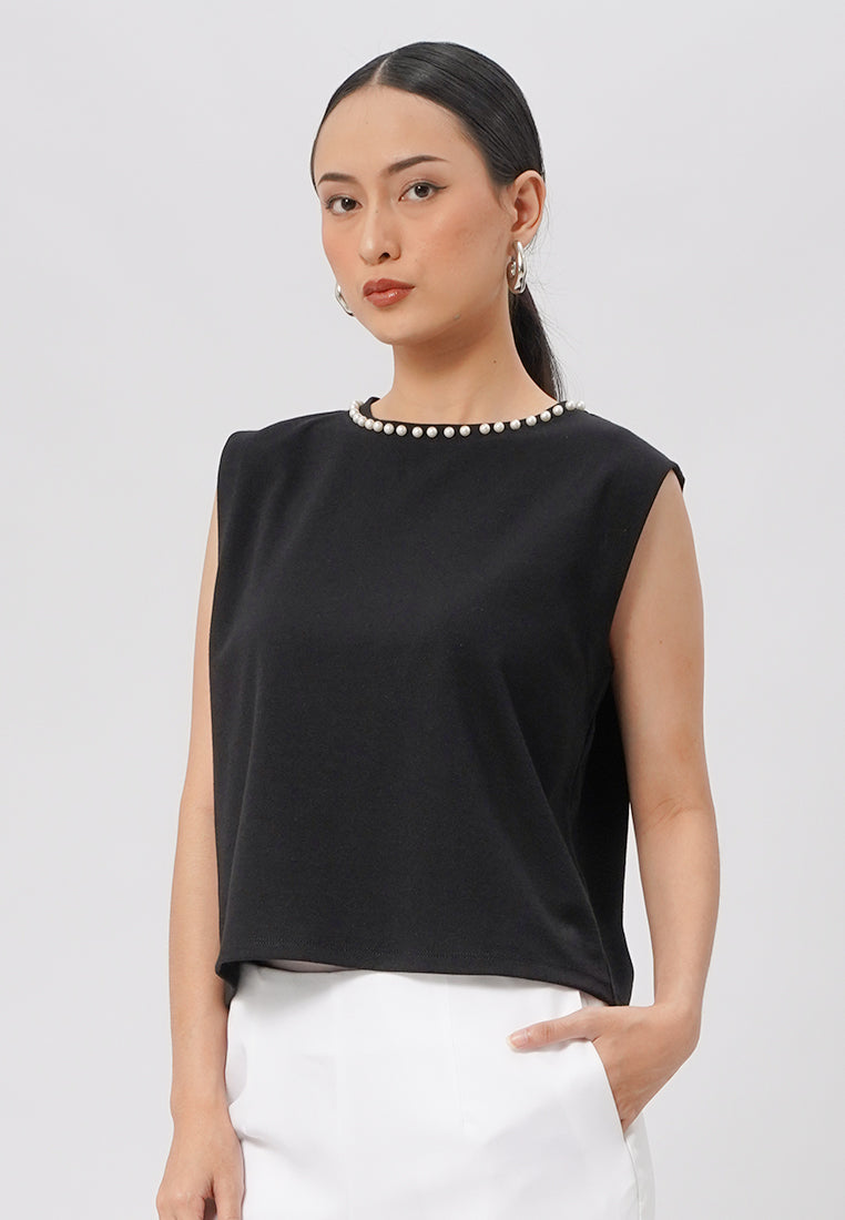 Cape Sleeve Top with Pearl Details Black