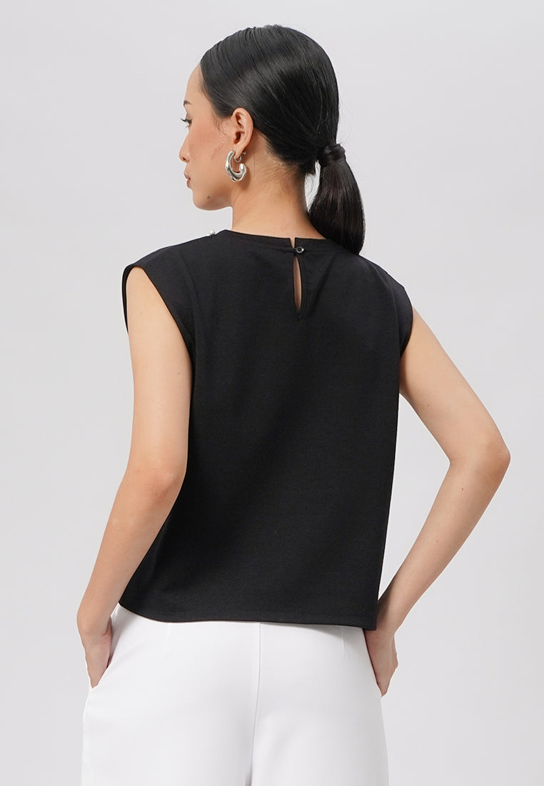 Cape Sleeve Top with Pearl Details Black