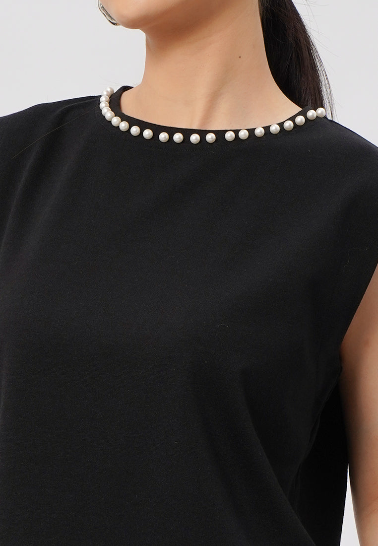 Cape Sleeve Top with Pearl Details Black
