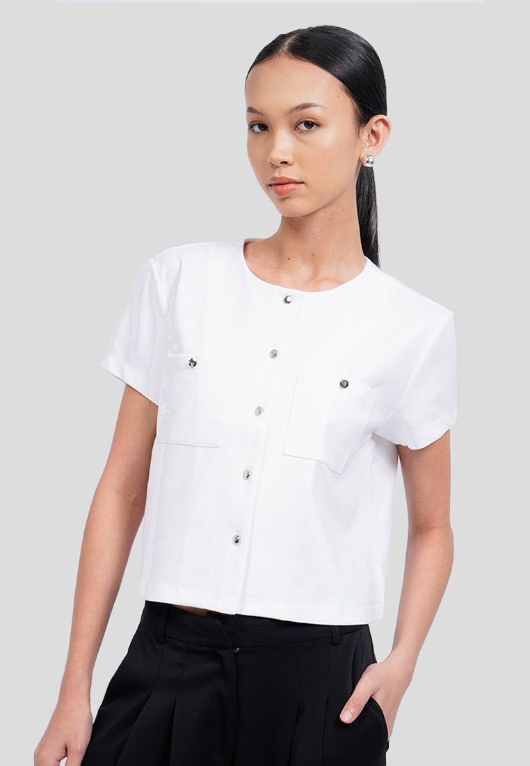 Double Pocket Short Sleeve Crop Blouse