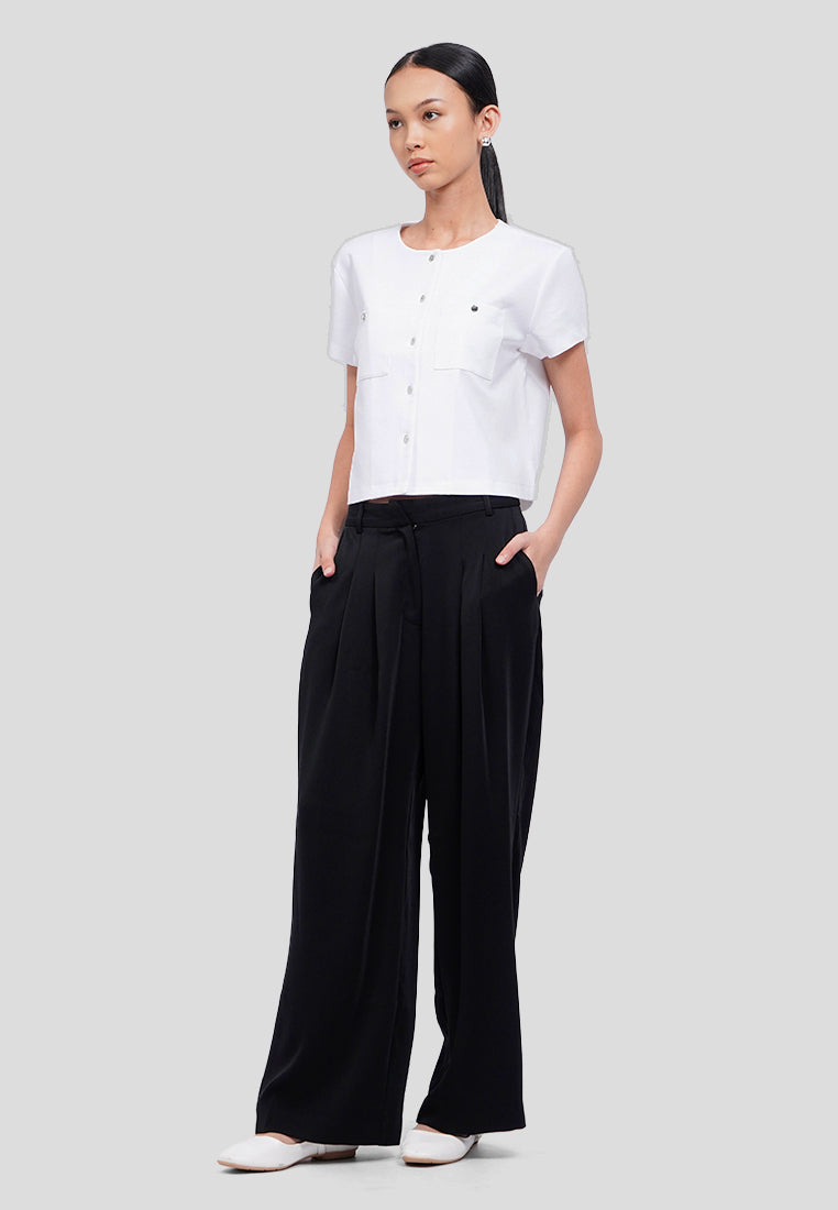 Double Pocket Short Sleeve Crop Blouse