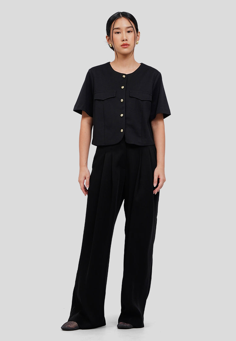 Round Neck Short Sleeve Crop Blouse