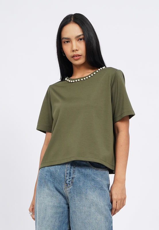 Short Sleeve Top with Pearl Details