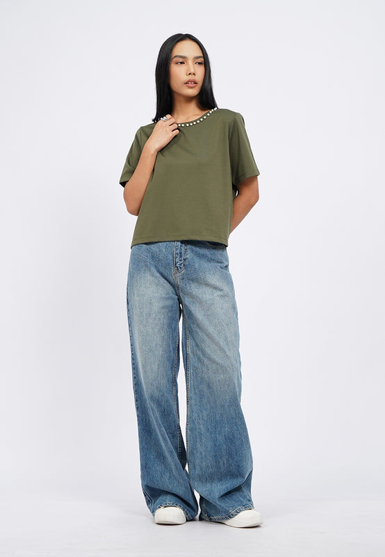 Short Sleeve Top with Pearl Details