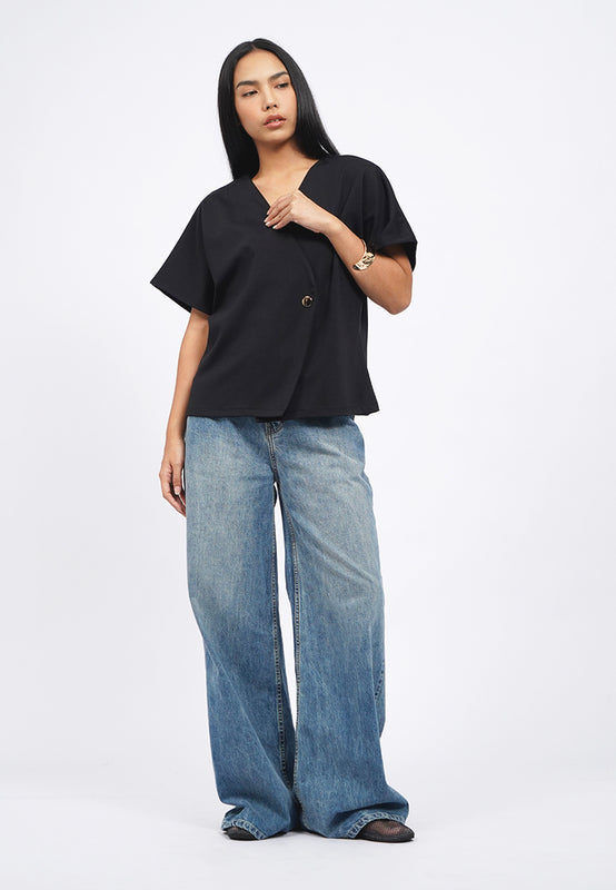 V-Neck Short Sleeve Batwing Blouse