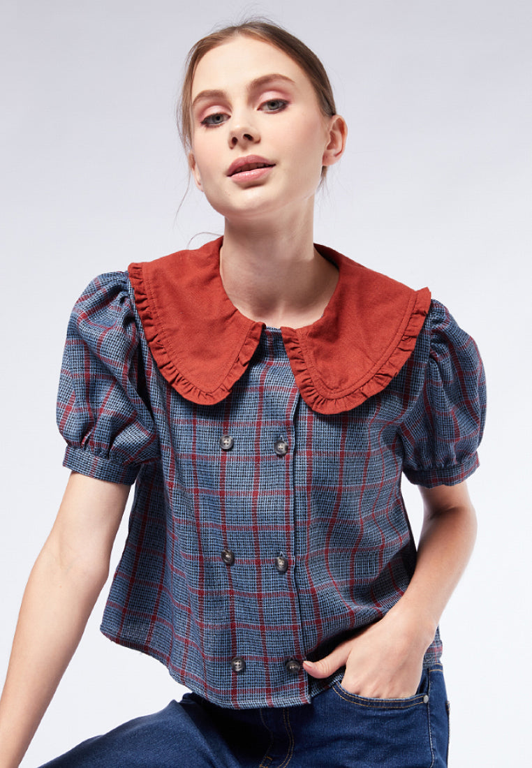 Contrast Collar Check Blouse
