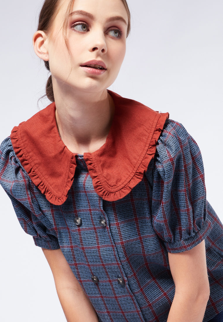 Contrast Collar Check Blouse