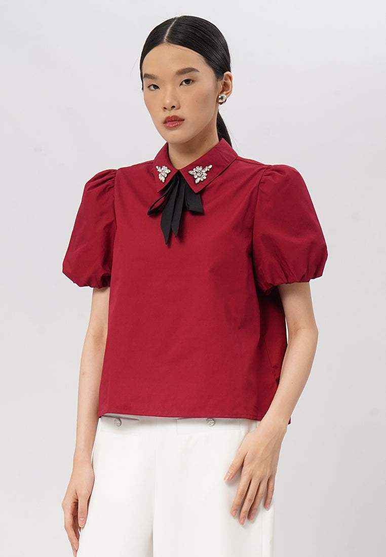 Short Sleeve Blouse with Bow Tie