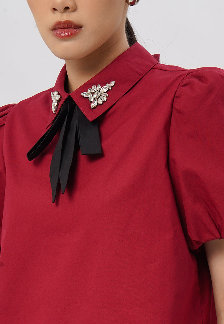 Short Sleeve Blouse with Bow Tie