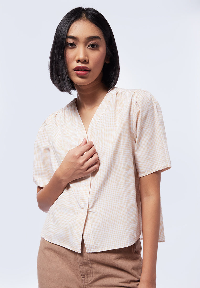 Gingham Gathered Short Sleeve Blouse