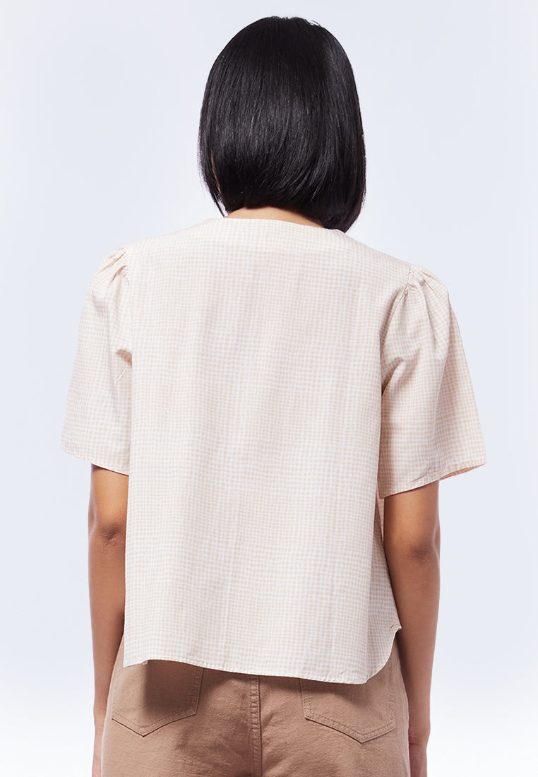 Gingham Gathered Short Sleeve Blouse