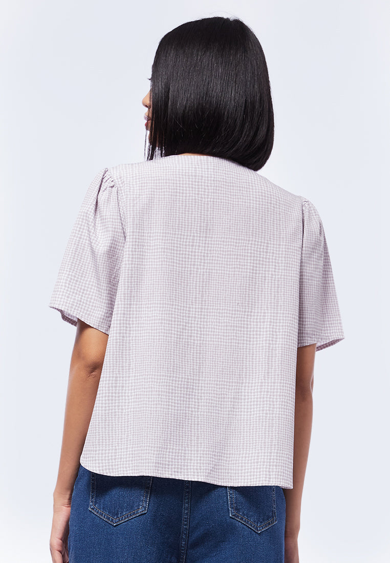 Gingham Gathered Short Sleeve Blouse