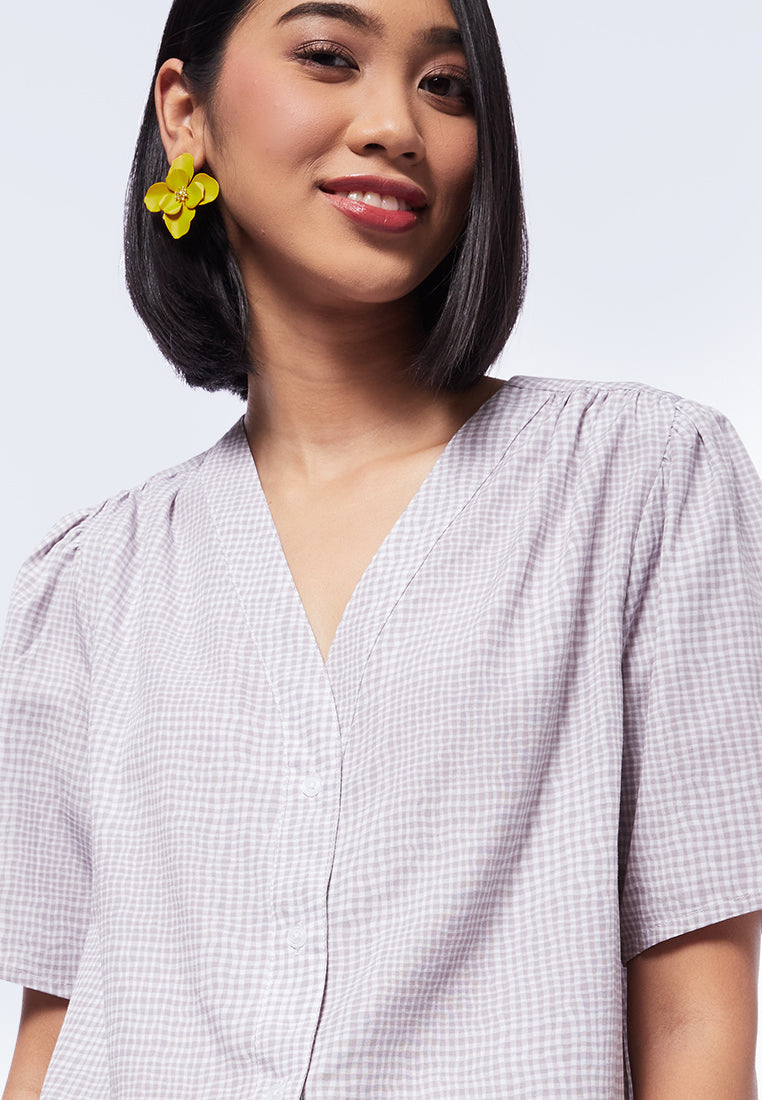 Gingham Gathered Short Sleeve Blouse