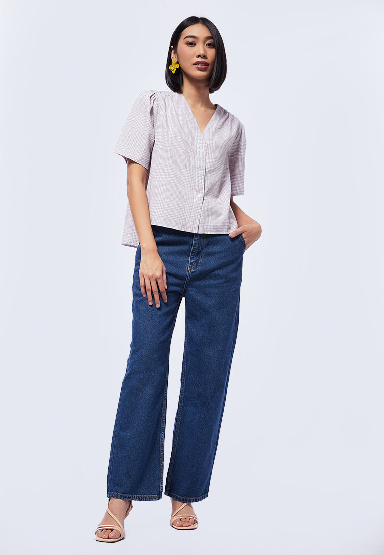 Gingham Gathered Short Sleeve Blouse