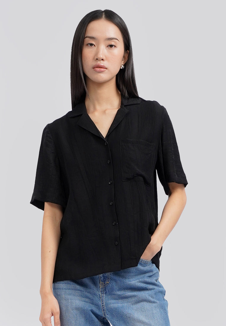 Paper Effect Short Sleeve Blouse Black