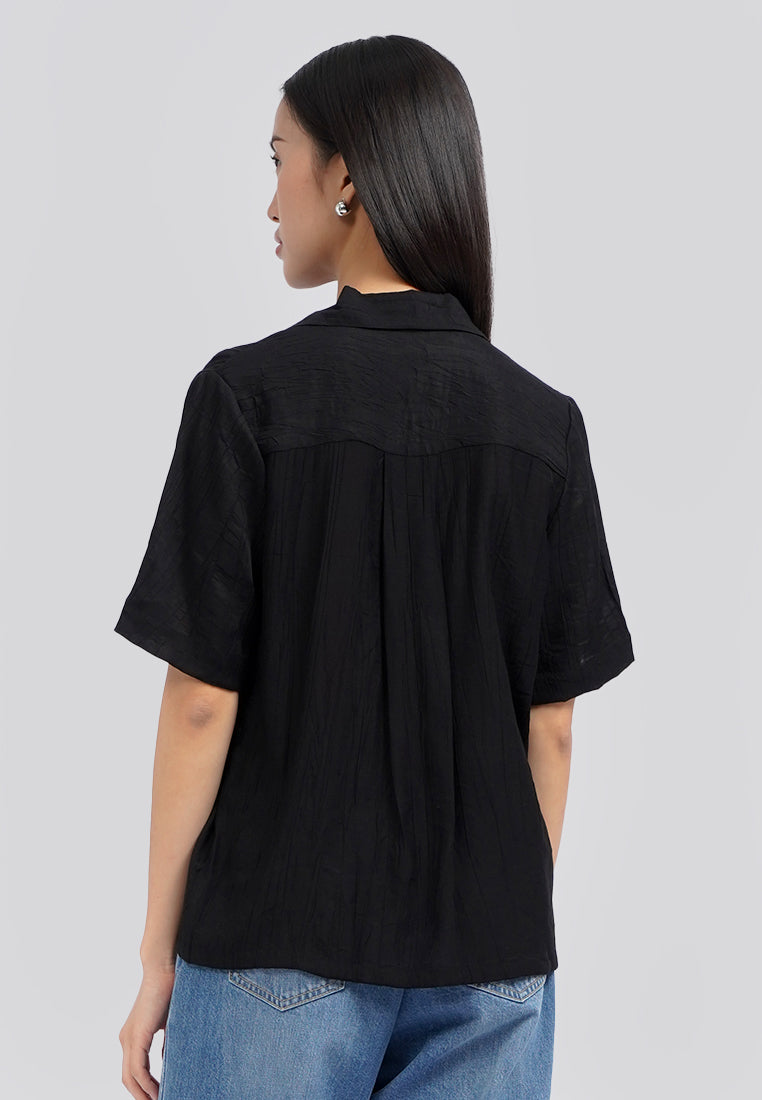 Paper Effect Short Sleeve Blouse Black