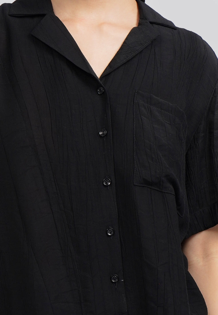 Paper Effect Short Sleeve Blouse Black