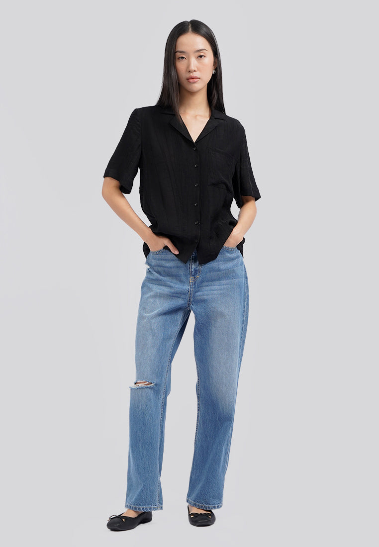 Paper Effect Short Sleeve Blouse Black