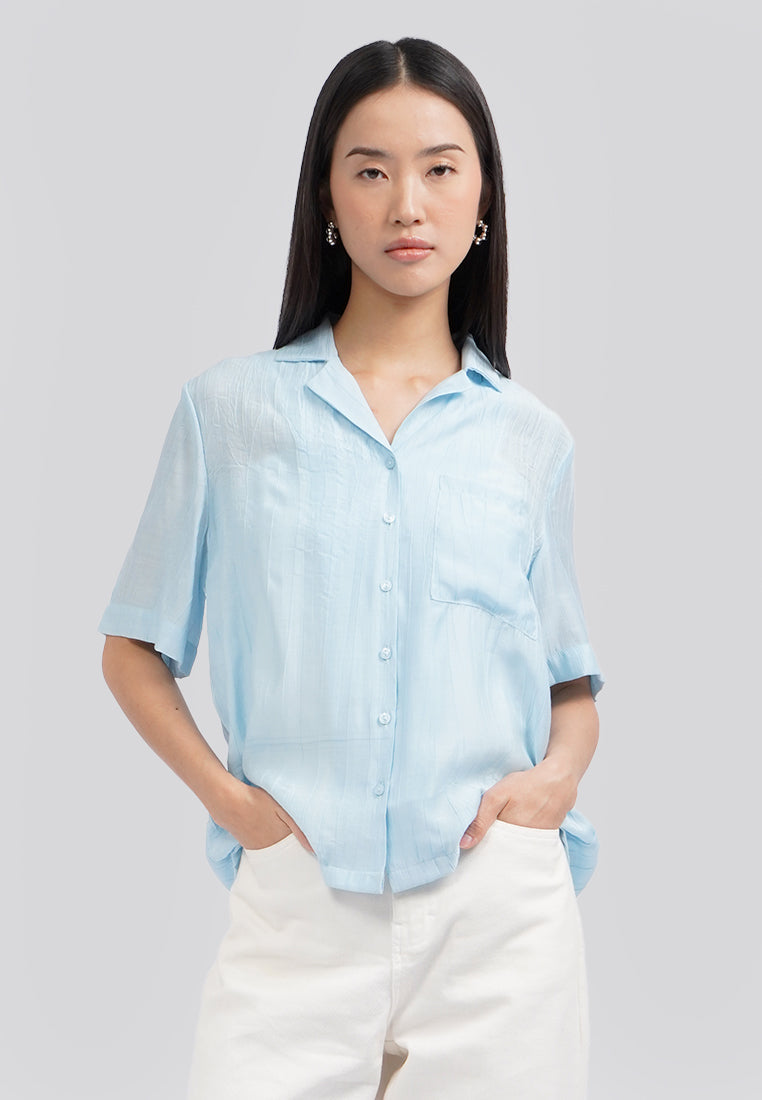 Paper Effect Short Sleeve Blouse Light Blue