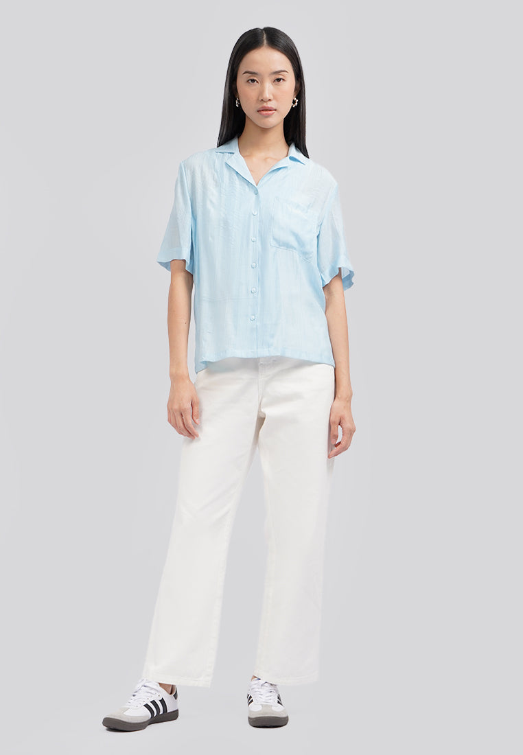 Paper Effect Short Sleeve Blouse Light Blue