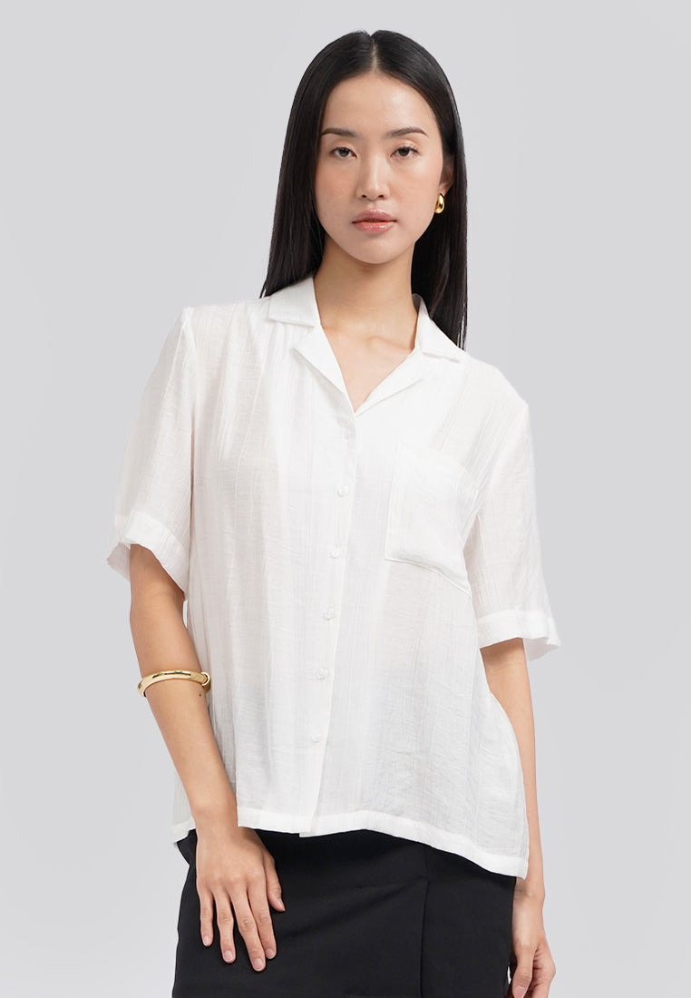 Paper Effect Short Sleeve Blouse Off White