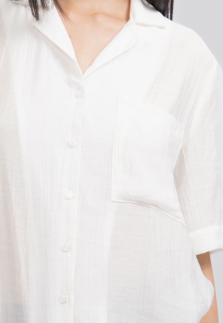 Paper Effect Short Sleeve Blouse Off White
