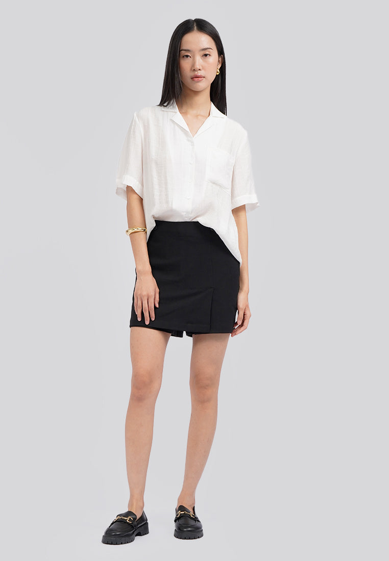 Paper Effect Short Sleeve Blouse Off White