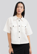 Short Sleeve Boxy Shirt with Contrast Button Off White