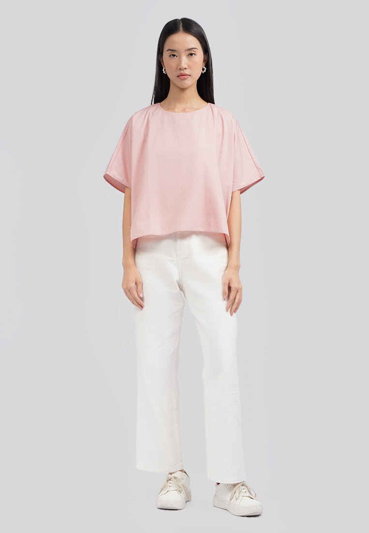 Round Neck Wide Sleeves Blouse Lt. Pink