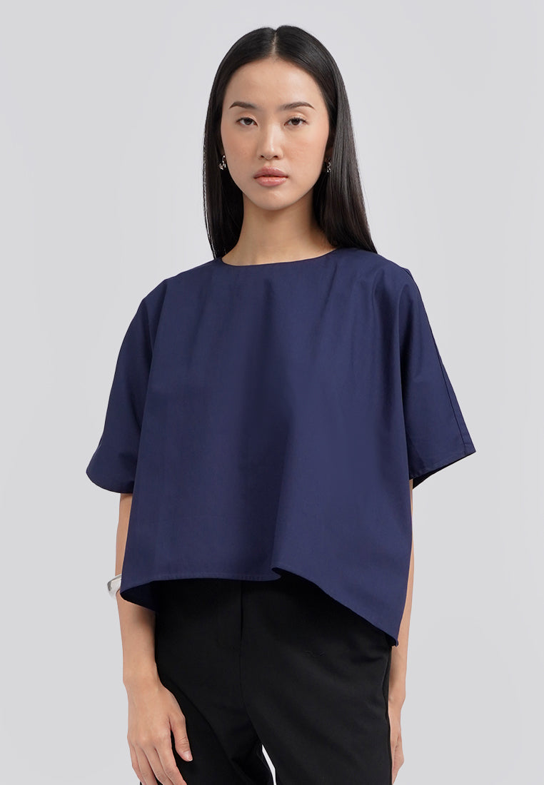 Round Neck Wide Sleeves Blouse Navy