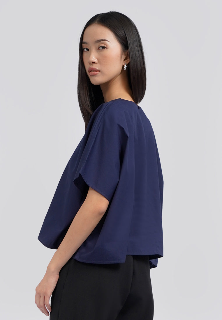 Round Neck Wide Sleeves Blouse Navy
