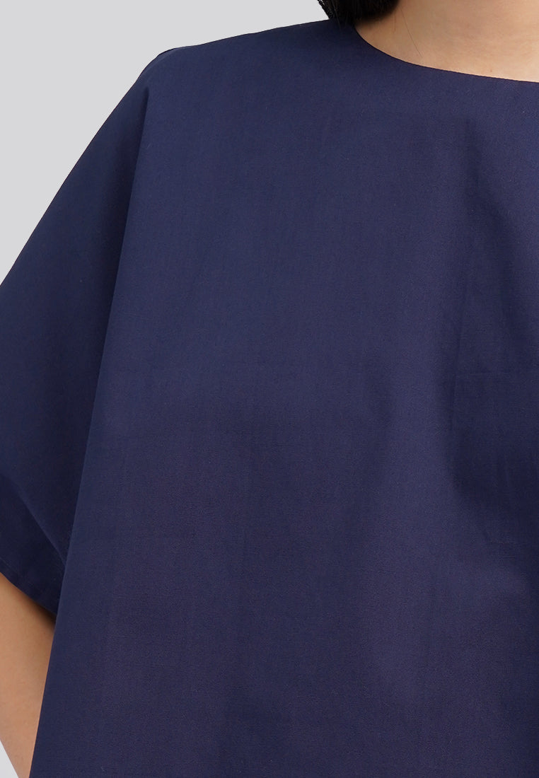 Round Neck Wide Sleeves Blouse Navy