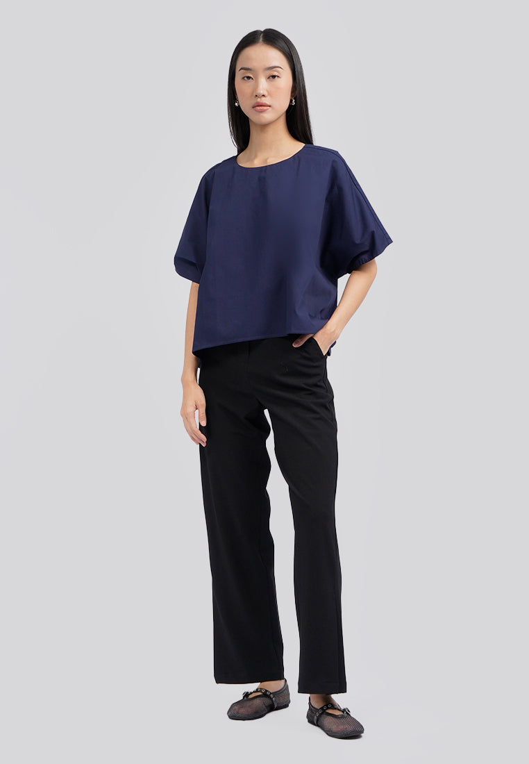 Round Neck Wide Sleeves Blouse Navy