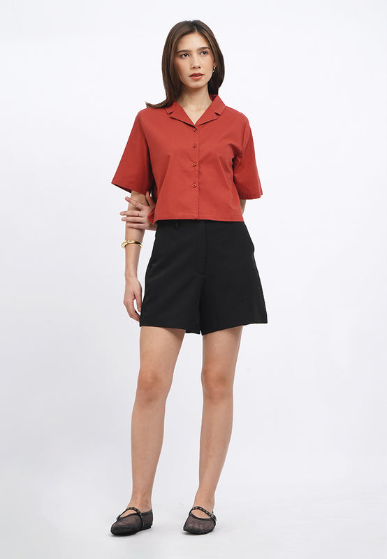 Cropped Notch Collar Blouse