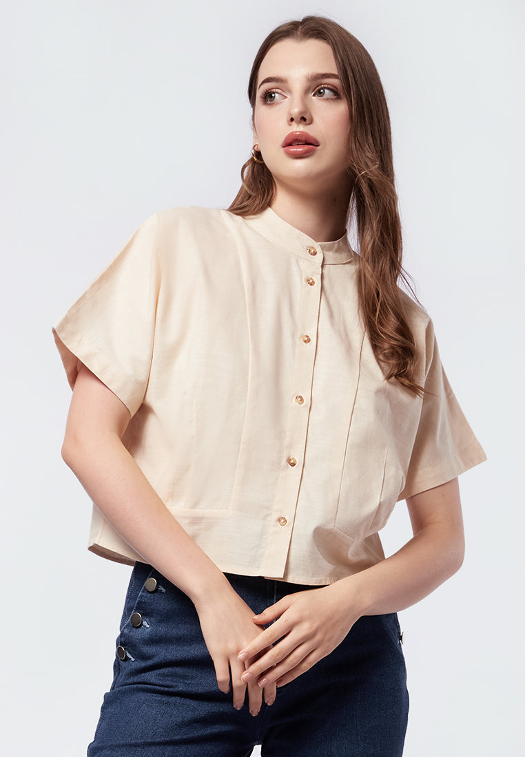 Mandarin Collar Pleated Crop Blouse