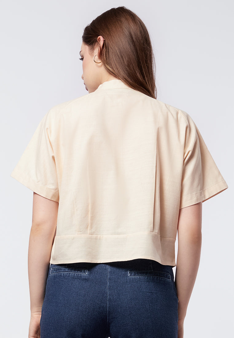 Mandarin Collar Pleated Crop Blouse