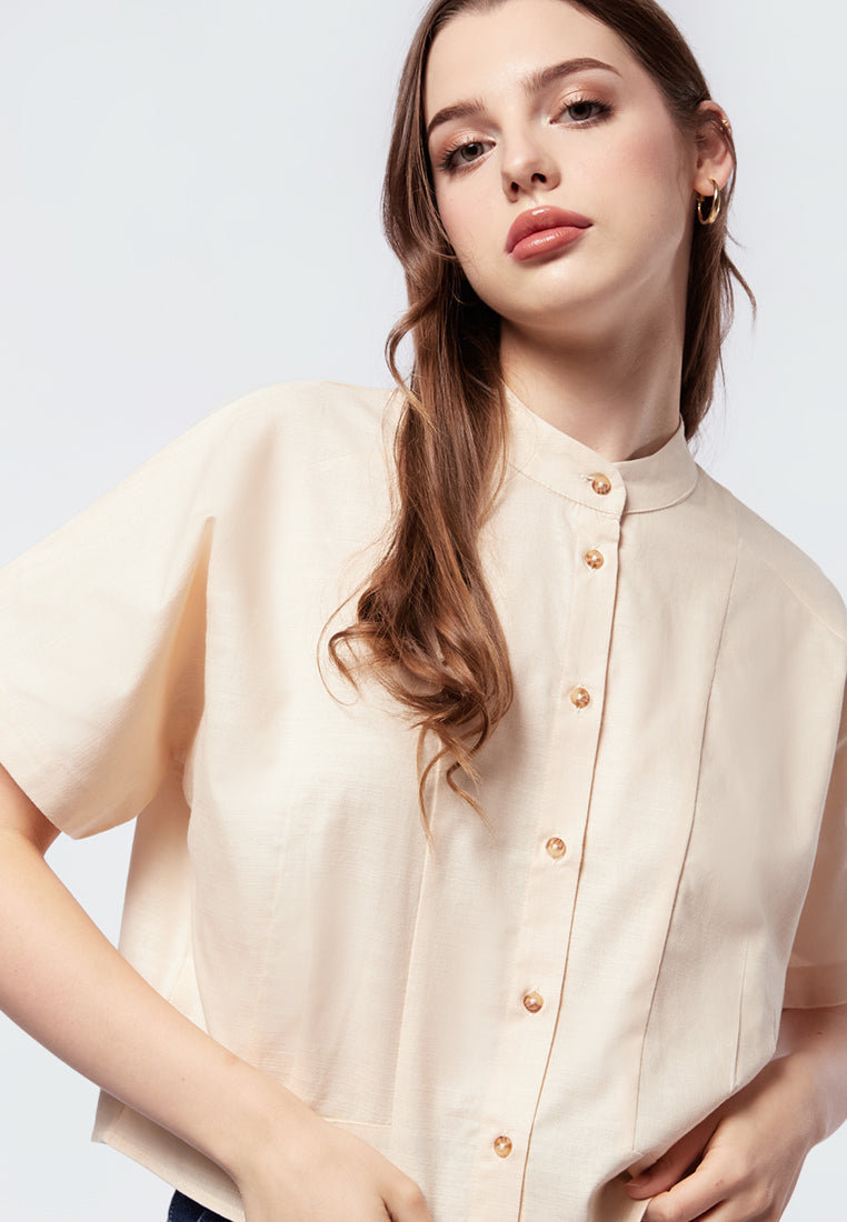 Mandarin Collar Pleated Crop Blouse