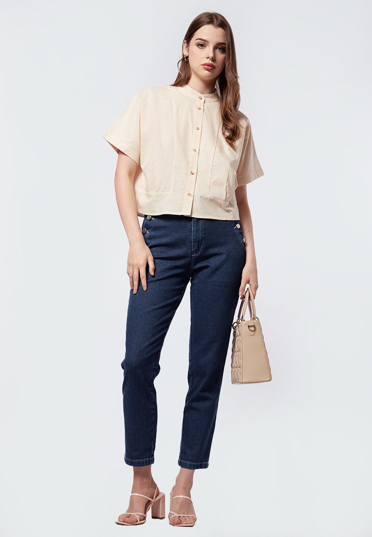 Mandarin Collar Pleated Crop Blouse